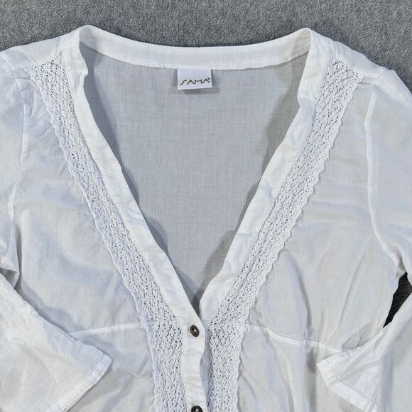 Saha White Button Front Swim Coverup Women's Medium White Crochet Trim Ruffle - Picture 2 of 7